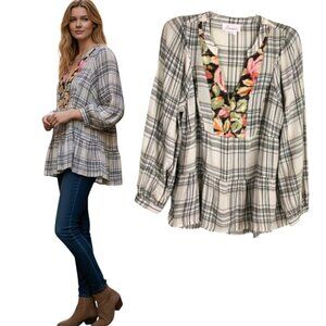 Anthropologie Darlene Plaid Peasant Tunic Top Sz S Multicolor Long Sleeve Boho